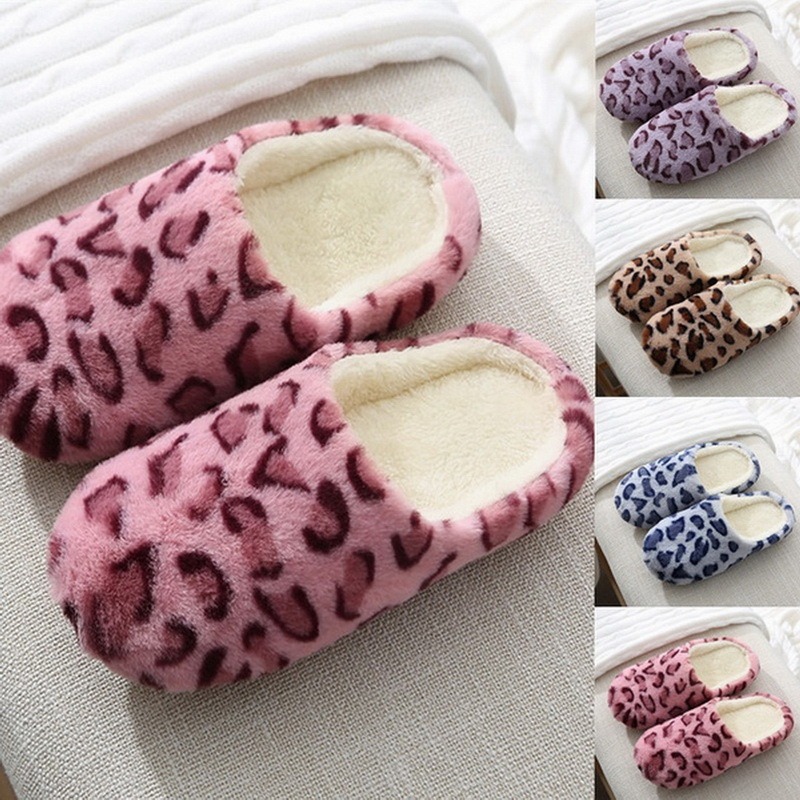 Winter Warm Plush Soft Slippers For Women Men Home Leopard Pattern Fluffy Shoe Slippers House Indoor Anti-slip Floor Bedroom Warm Slipper