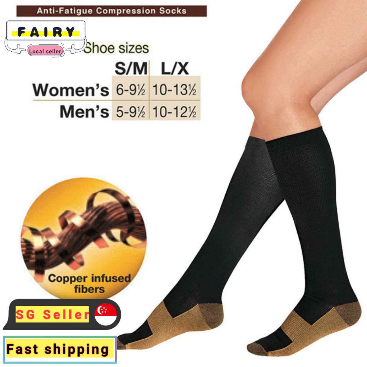 (SG Stock)1 Pair Unisex Copper Fiber Compression Socks Compression Pressure Stockings Outdoor Sports high Socks Anti Fatigue Pain Relief Knee High Stockings