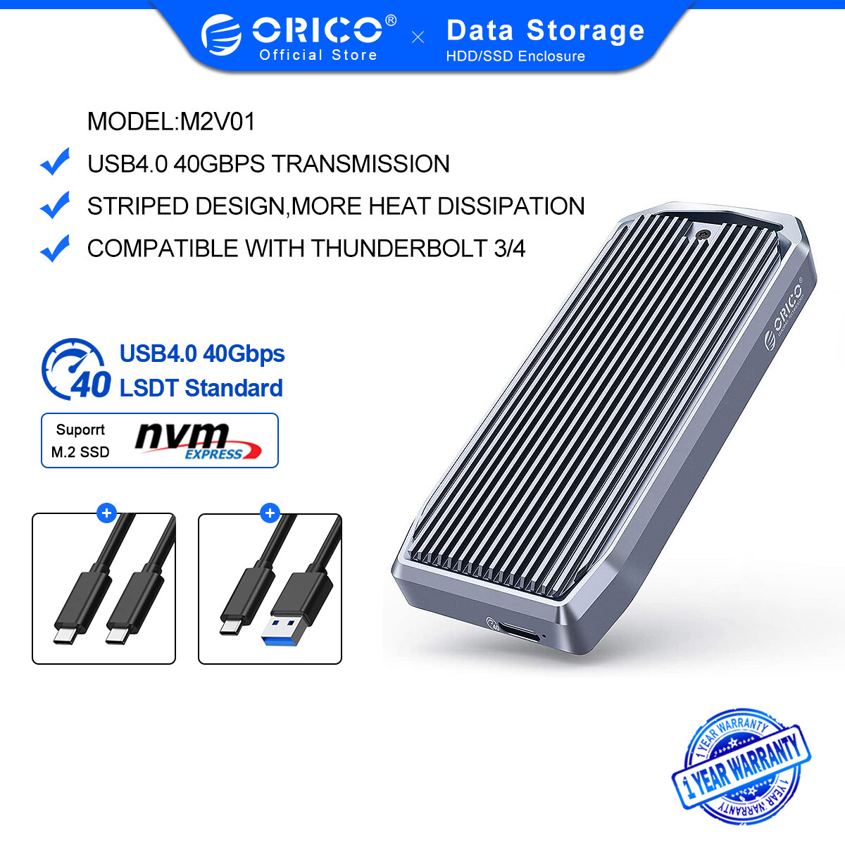 ORICO LSDT M2 SSD Case 40Gbps NVME Enclosure M.2 to USB Type C 4.0 SSD Adapter for NVME PCIE M Key SSD Disk Box M.2 SSD Case(M2V01-C4)