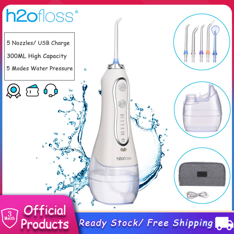 H2ofloss Portable Oral Dental Irrigator Cordless Wate Flosser Waterproof Teeth Cleaner with 5 Modes 5 Jets Tips and 300ml Detachable Reservoir Rechargeable Dental Flosser for Brace Bridges Care, Home 