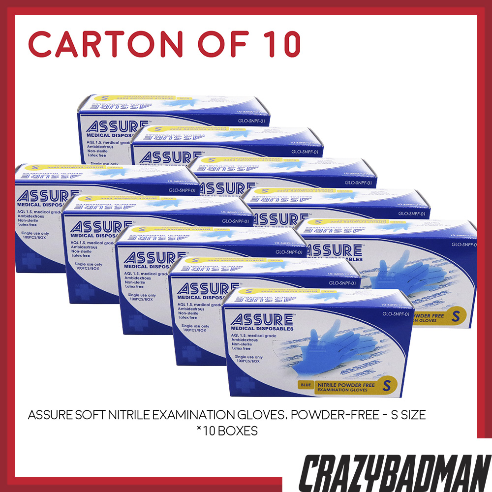 [Carton of 10] ASSURE Soft Nitrile Disposable Examination Gloves, Powder-Free (100pcs/box, Size, XS/S/M/L))