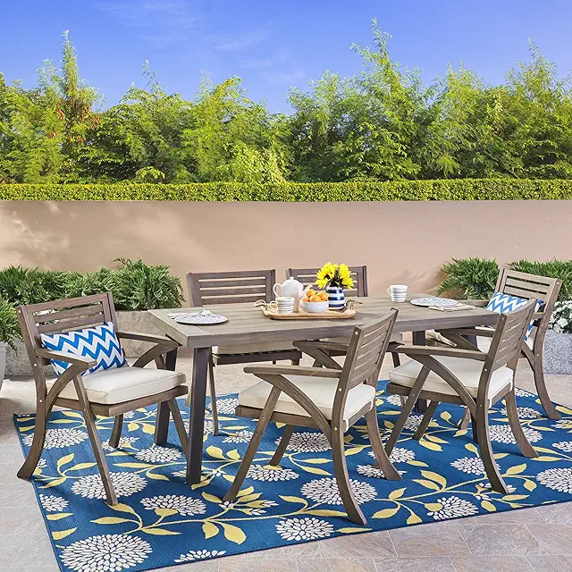 George Outdoor 7 Piece Acacia Wood Dining Set, Gray Finish/Cream