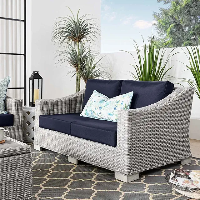 Conway Outdoor Patio Wicker Rattan Loveseat in Light Gray Navy